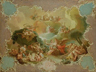 Modello für eine Deckendekoration, die Ceres mit den Früchten der Erde darstellt, mit der Zeit, die den Neid überwindet, und Flora, die Apollo Blumen anbietet